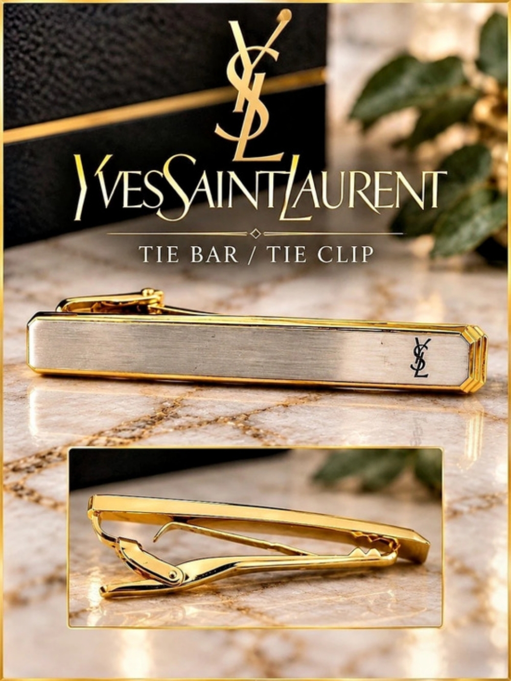 Vintage YSL Yves Saint Laurent Two-Tone Tie Bar Tie Clip EUC